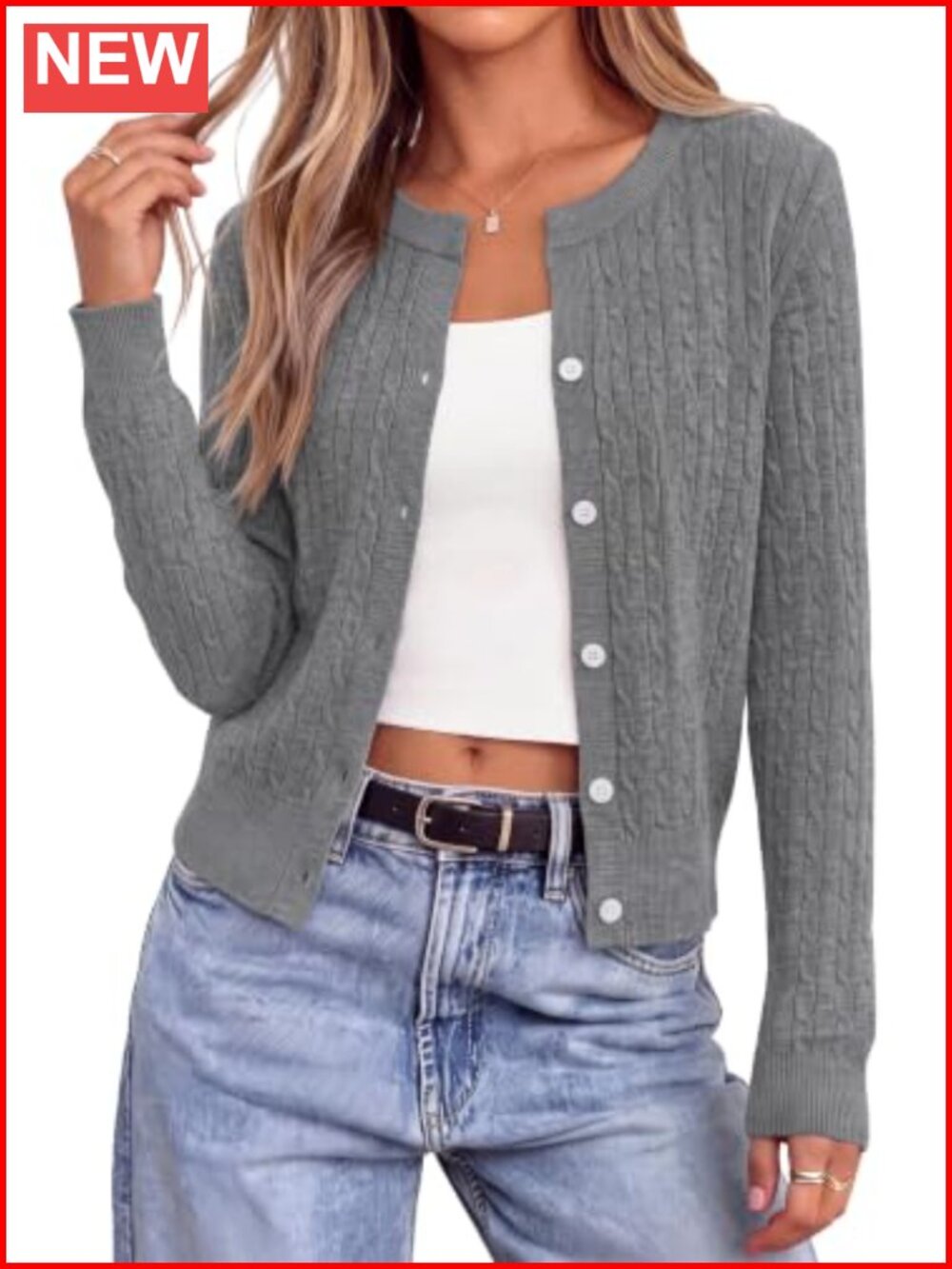 Women's Cable Knit Cropped Cardigan V Neck Button Front Soft Knit Sweater